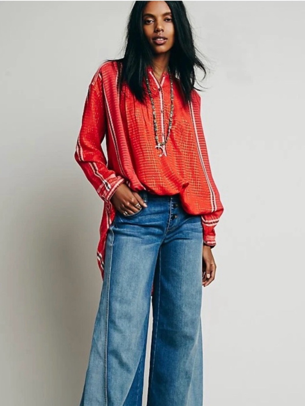 Free People Orange and Gold Long Sleeve Yarn Dye Lurex Tunic Top, Small - Picture 3 of 12